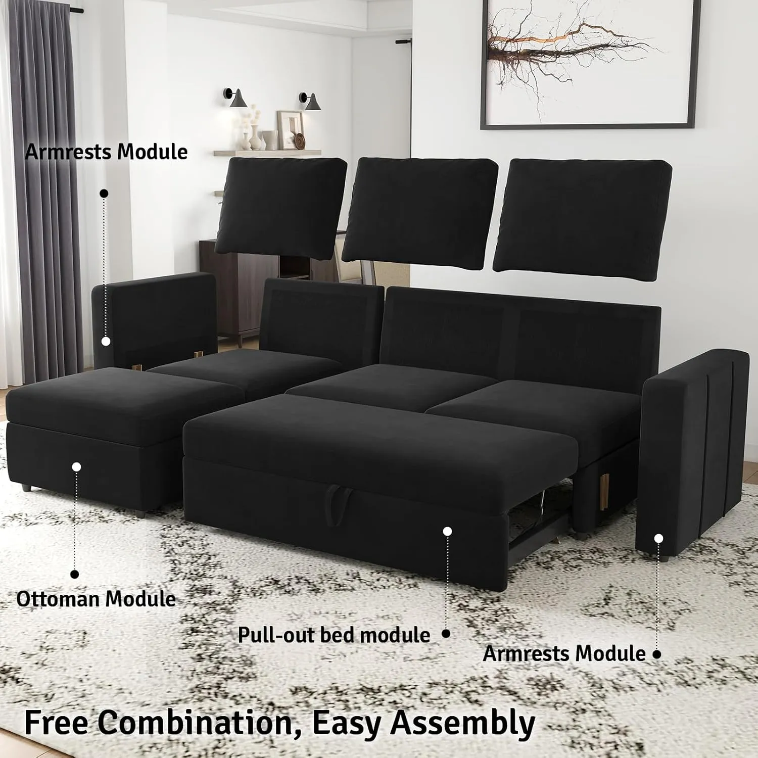 Belffin Modular Sectional Sofa with Sleeper Sofa Couch Pullout Bed, Oversized U Shaped Sleeper Sectional Couch with Reversible Storage Seat for Living Room, Black