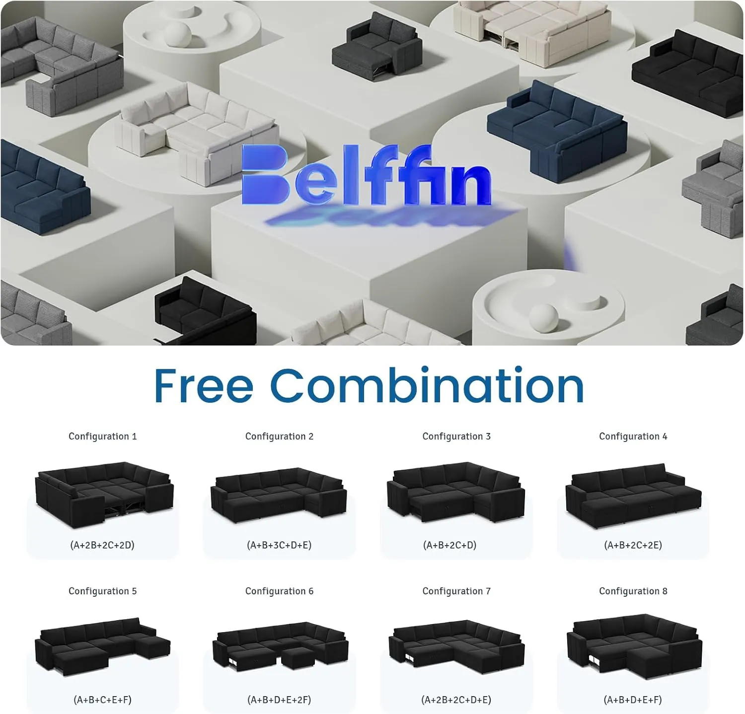 Belffin Modular Sectional Sofa with Sleeper Sofa Couch Pullout Bed, Oversized U Shaped Sleeper Sectional Couch with Reversible Storage Seat for Living Room, Black