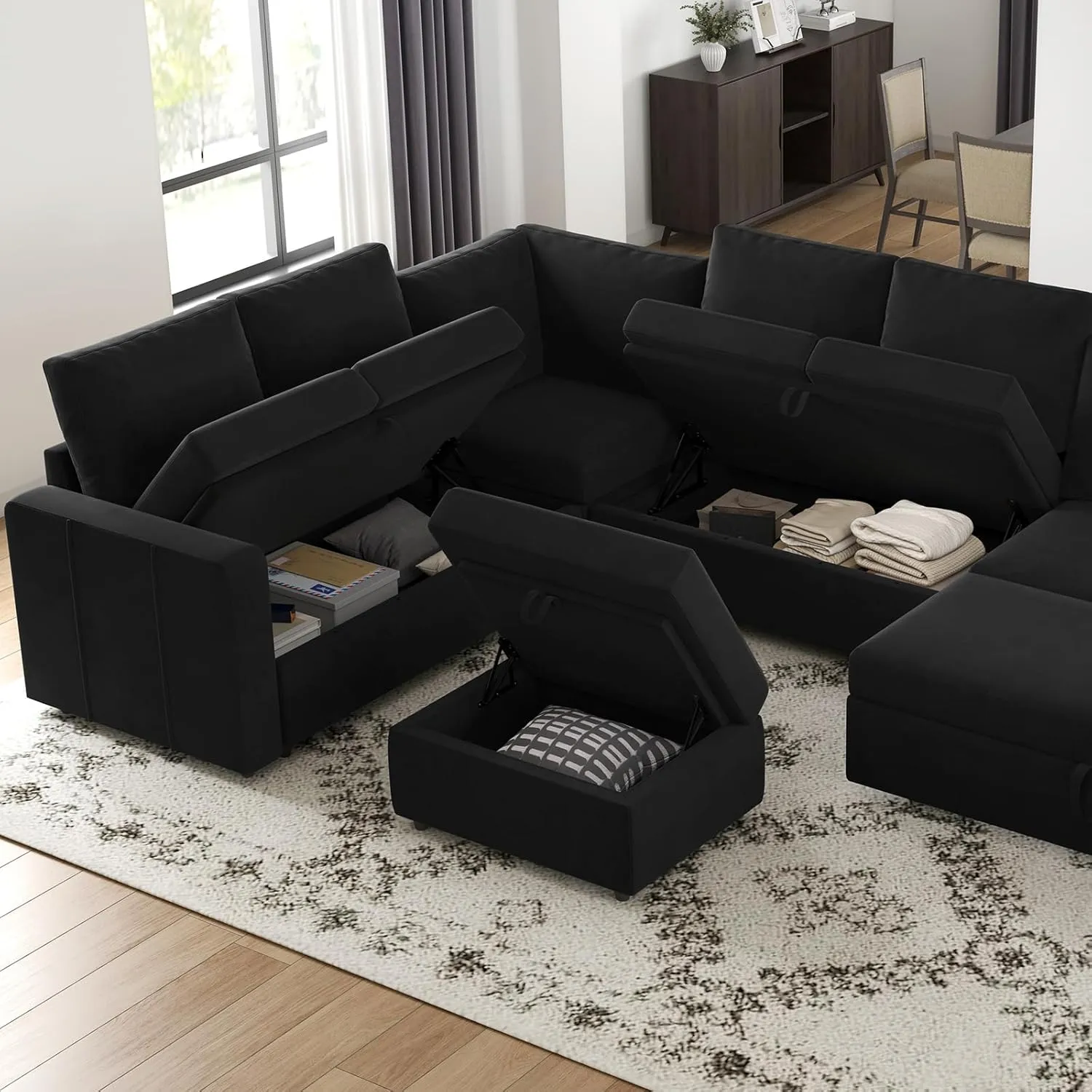 Belffin Modular Sectional Sofa with Sleeper Sofa Couch Pullout Bed, Oversized U Shaped Sleeper Sectional Couch with Reversible Storage Seat for Living Room, Black