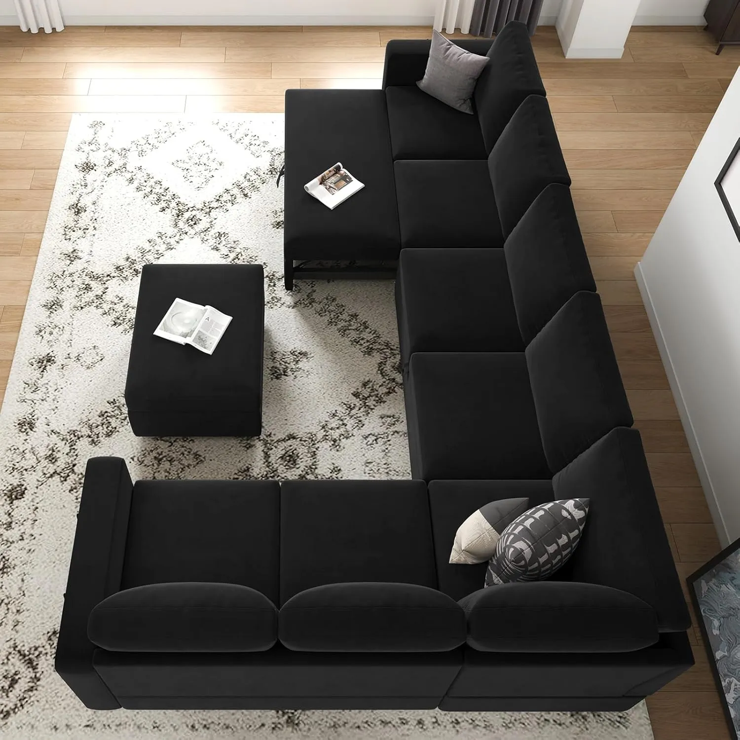 Belffin Modular Sectional Sofa with Sleeper Sofa Couch Pullout Bed, Oversized U Shaped Sleeper Sectional Couch with Reversible Storage Seat for Living Room, Black
