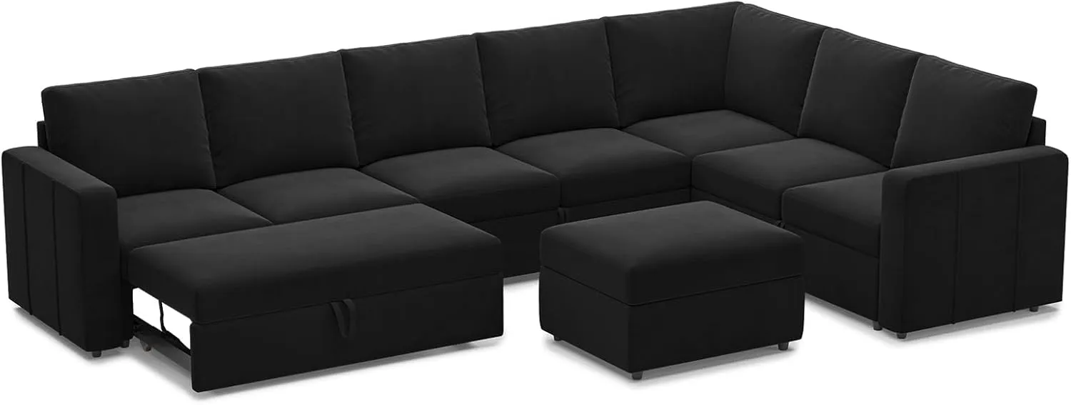 Belffin Modular Sectional Sofa with Sleeper Sofa Couch Pullout Bed, Oversized U Shaped Sleeper Sectional Couch with Reversible Storage Seat for Living Room, Black