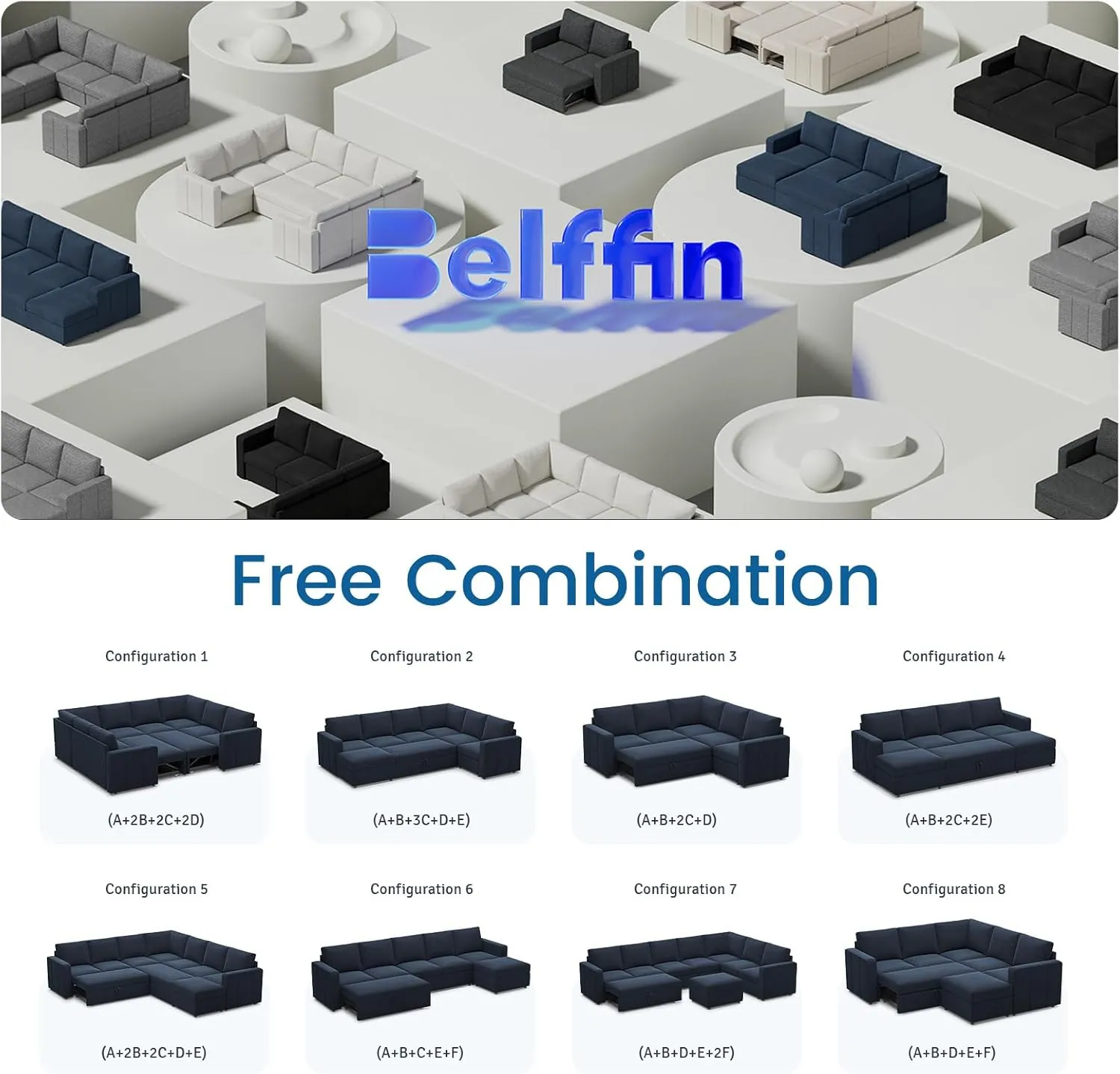 Belffin Modular Sectional Sofa with Sleeper Sofa Couch Pullout Bed, Oversized U Shaped Sleeper Sectional Couch with Reversible Storage Seat for Living Room, Blue