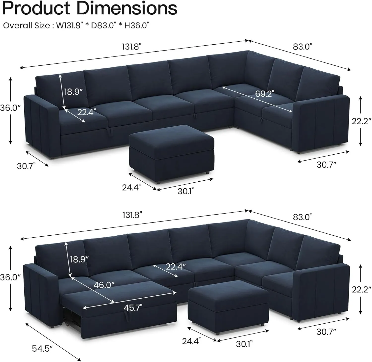 Belffin Modular Sectional Sofa with Sleeper Sofa Couch Pullout Bed, Oversized U Shaped Sleeper Sectional Couch with Reversible Storage Seat for Living Room, Blue