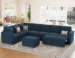 Belffin Modular Sectional Sofa with Sleeper Sofa Couch Pullout Bed, Oversized U Shaped Sleeper Sectional Couch with Reversible Storage Seat for Living Room, Blue