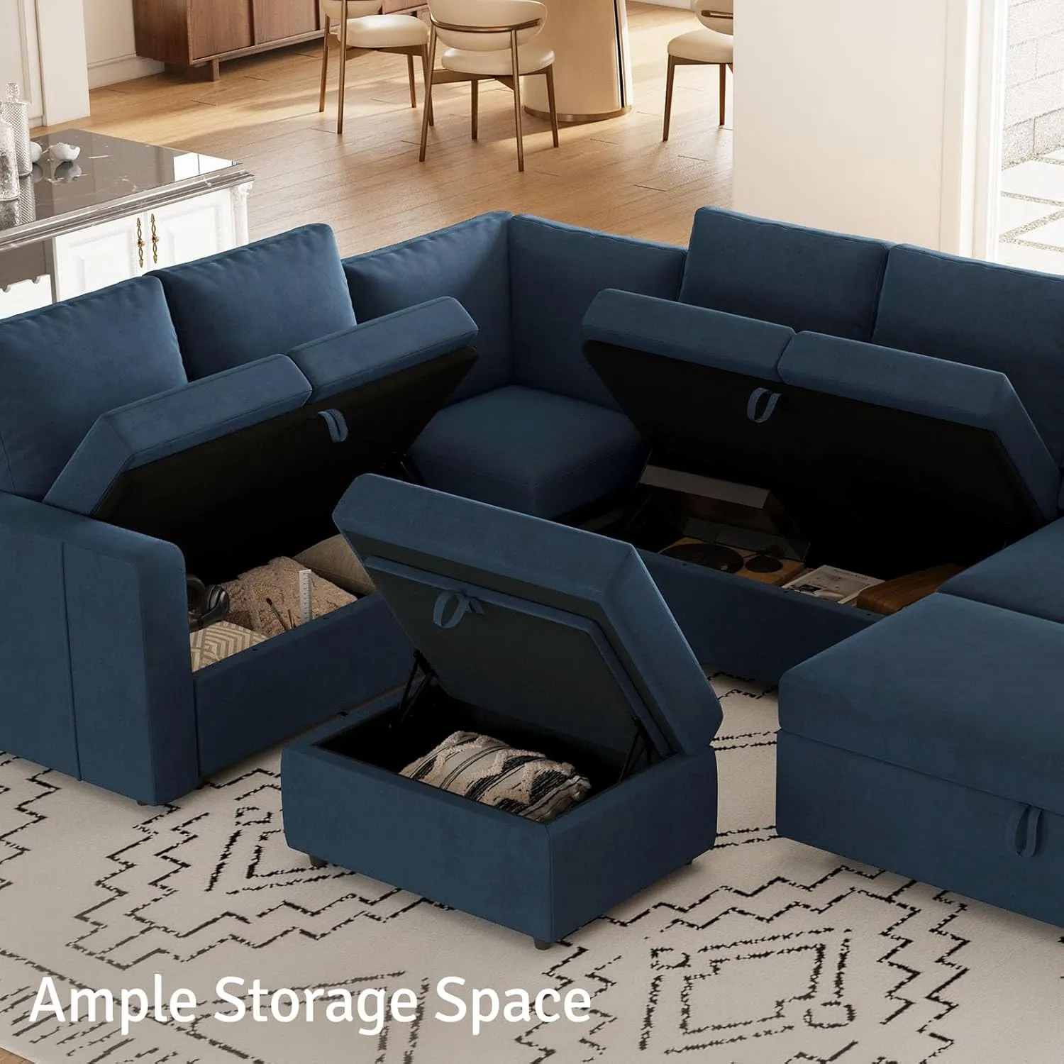 Belffin Modular Sectional Sofa with Sleeper Sofa Couch Pullout Bed, Oversized U Shaped Sleeper Sectional Couch with Reversible Storage Seat for Living Room, Blue