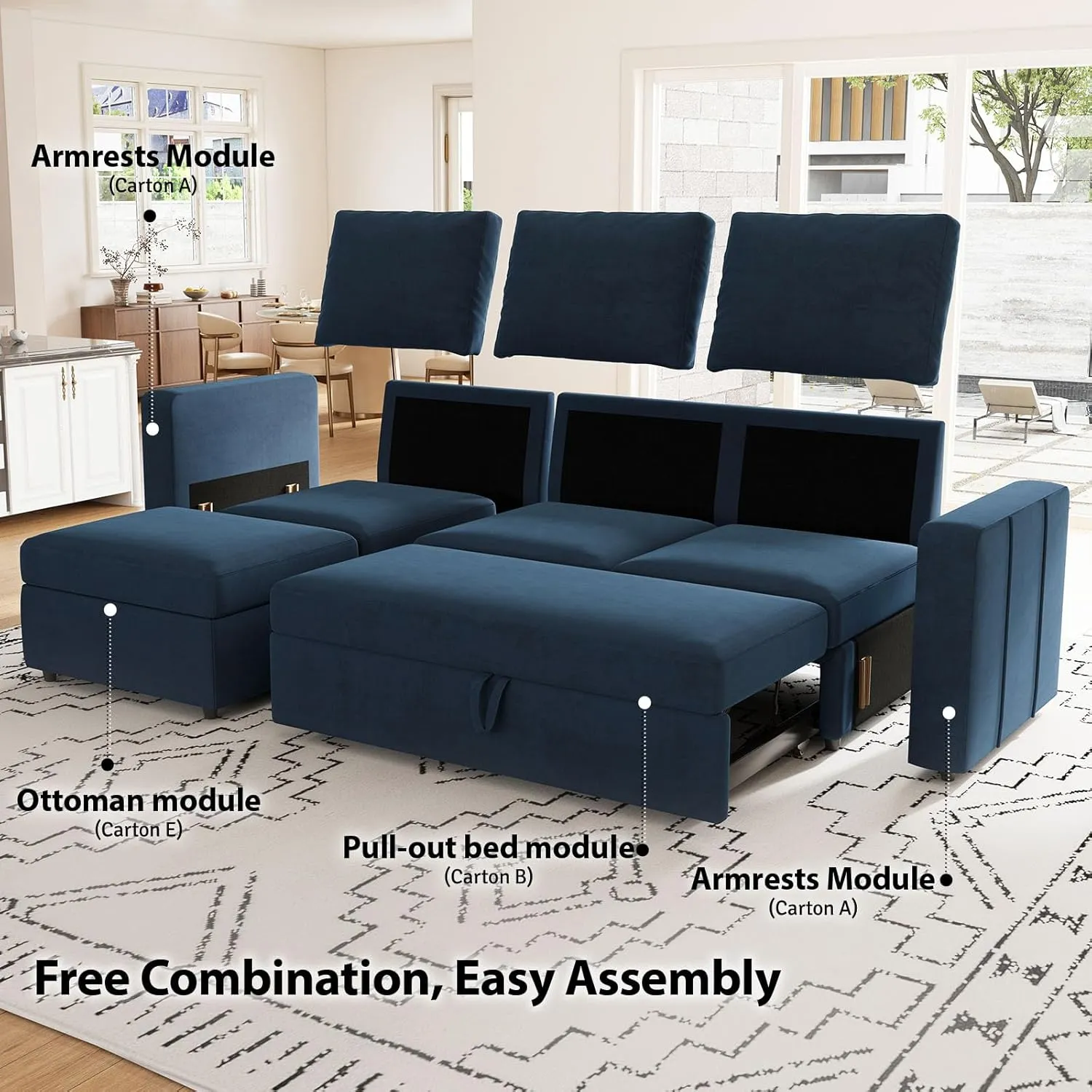 Belffin Modular Sectional Sofa with Sleeper Sofa Couch Pullout Bed, Oversized U Shaped Sleeper Sectional Couch with Reversible Storage Seat for Living Room, Blue