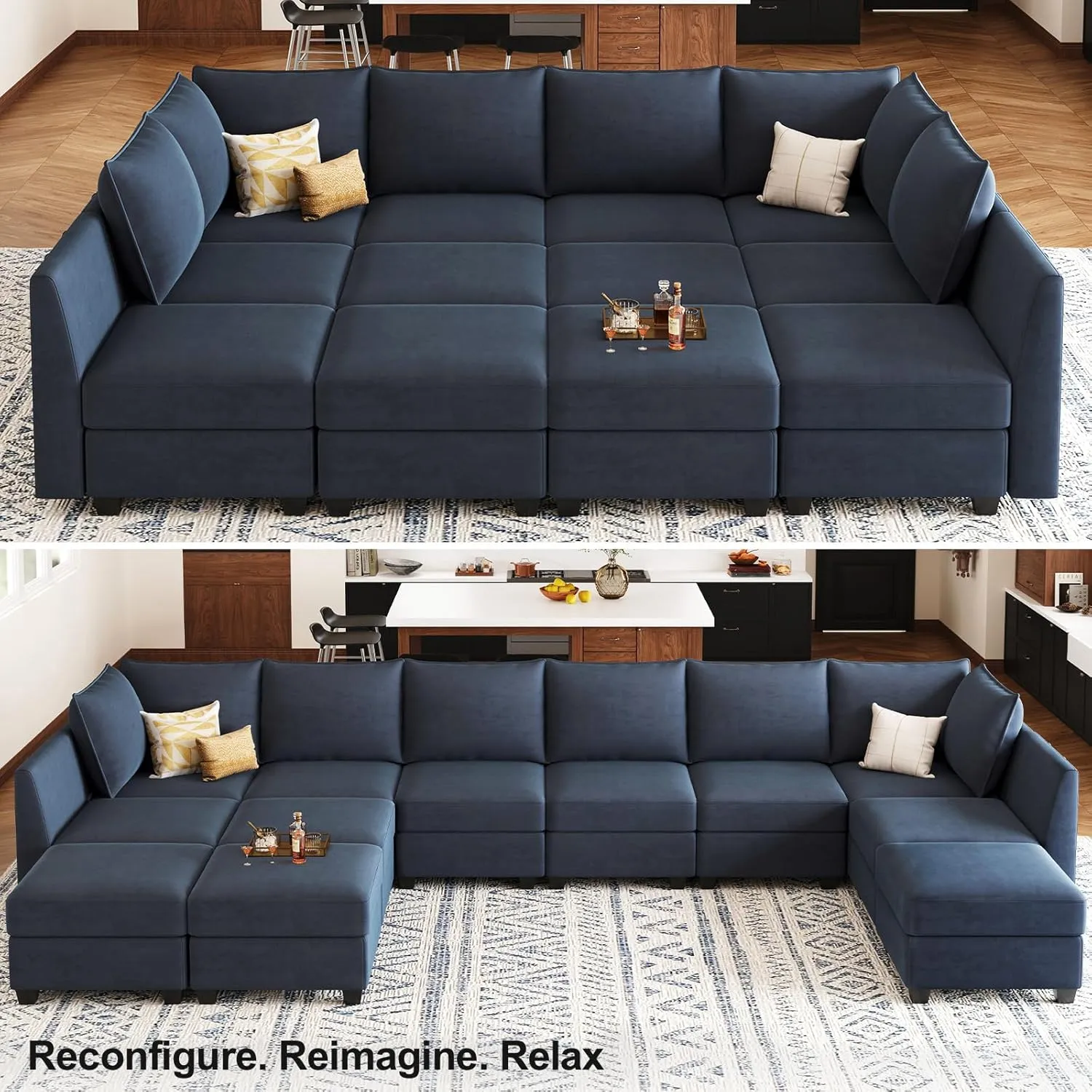 Belffin Oversized Modular Sectional Couch Sleeper Sofa with Storage Velvet Sectional Sofa Bed for Living Room, 12 Seats, Blue