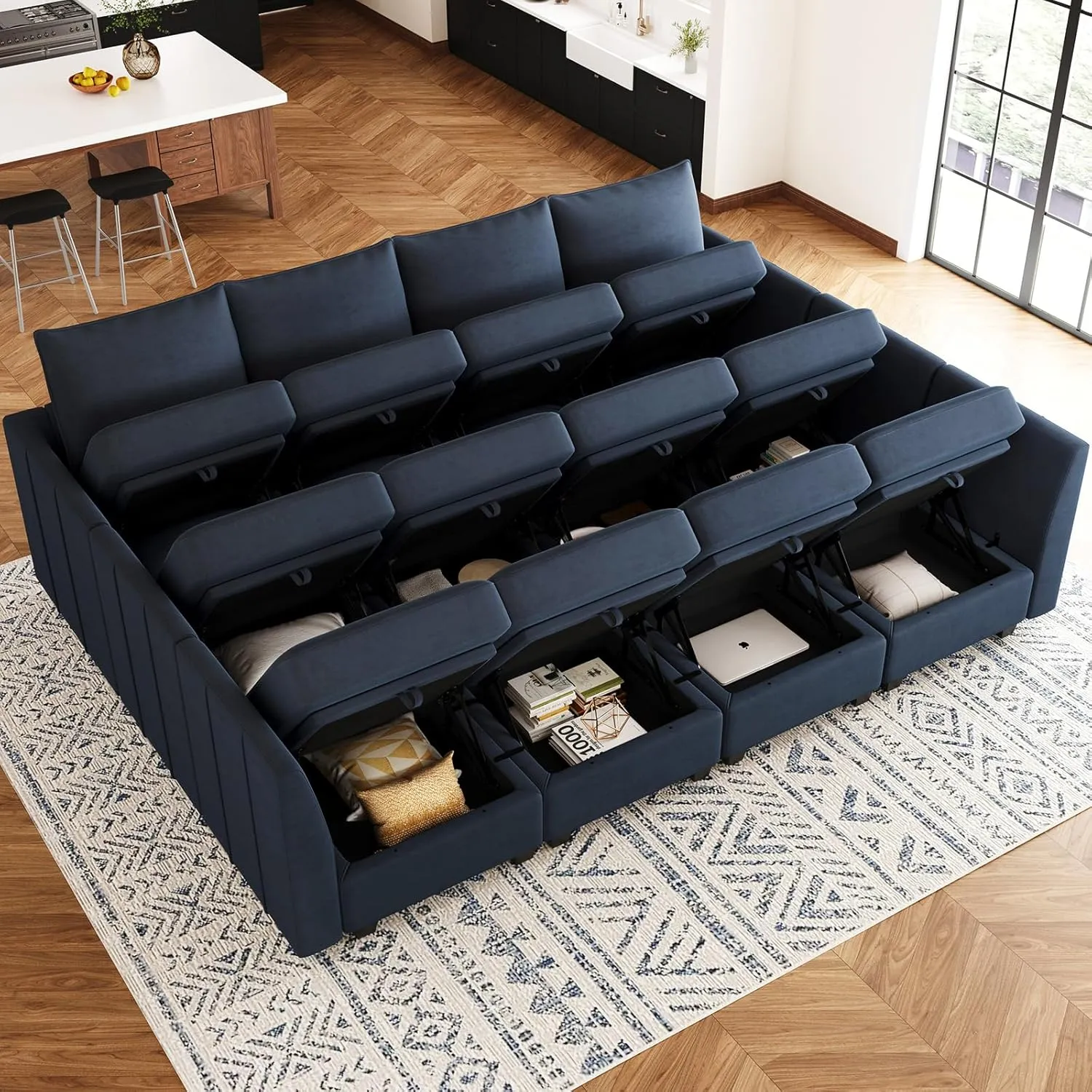 Belffin Oversized Modular Sectional Couch Sleeper Sofa with Storage Velvet Sectional Sofa Bed for Living Room, 12 Seats, Blue