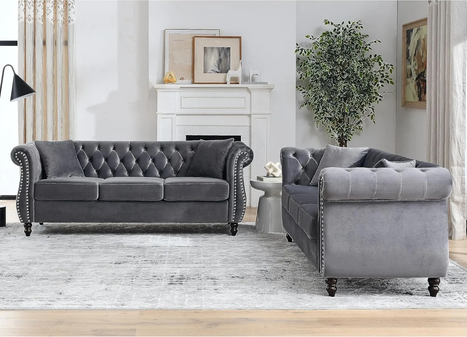 Bellemave 2 Piece Chesterfield Sofa Set for 6, 3 Seater   3 Seater Sofa Set, Velvet Upholstered Tufted Couch Set, 80" Couch and Couch Set with Nailhead & Rolled Arms & Pillows for Living Room (Grey)