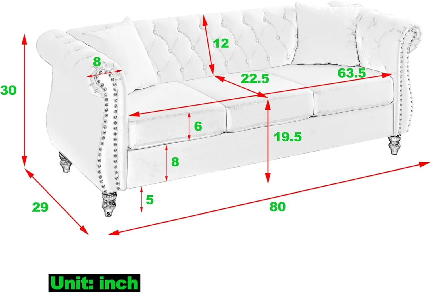 Bellemave 2 Piece Chesterfield Sofa Set for 6, 3 Seater   3 Seater Sofa Set, Velvet Upholstered Tufted Couch Set, 80" Couch and Couch Set with Nailhead & Rolled Arms & Pillows for Living Room (Grey)