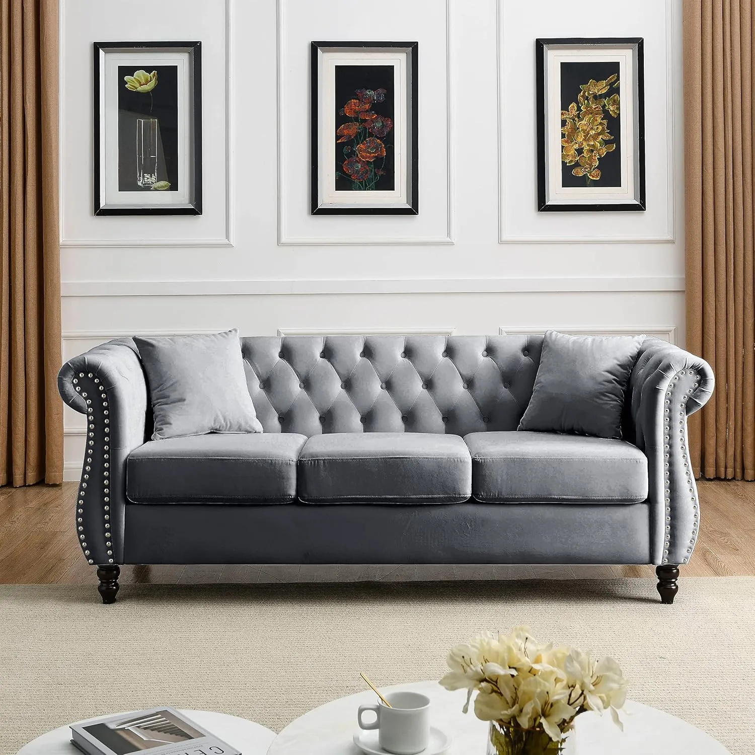 Bellemave 2 Piece Chesterfield Sofa Set for 6, 3 Seater   3 Seater Sofa Set, Velvet Upholstered Tufted Couch Set, 80" Couch and Couch Set with Nailhead & Rolled Arms & Pillows for Living Room (Grey)
