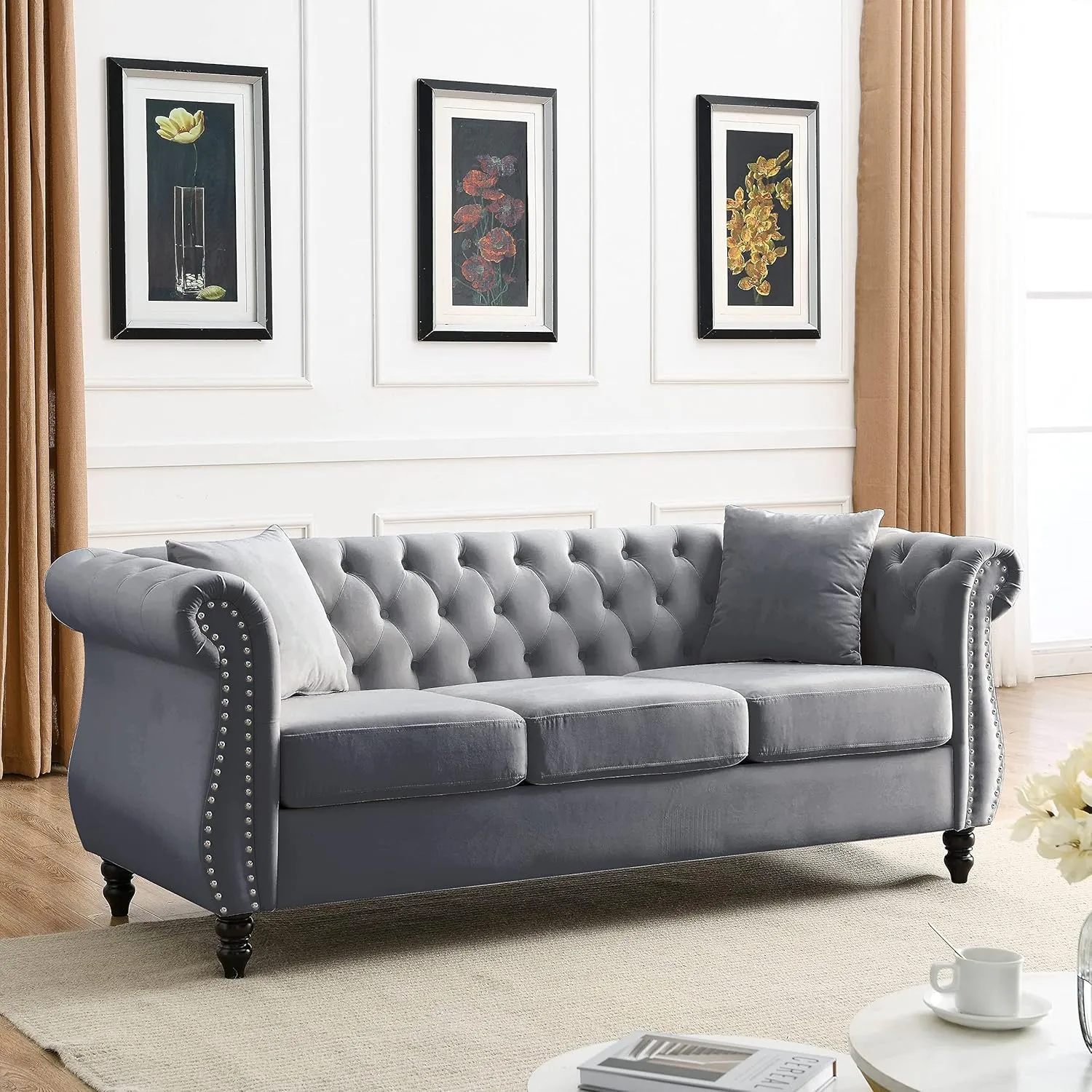Bellemave 2 Piece Chesterfield Sofa Set for 6, 3 Seater   3 Seater Sofa Set, Velvet Upholstered Tufted Couch Set, 80" Couch and Couch Set with Nailhead & Rolled Arms & Pillows for Living Room (Grey)
