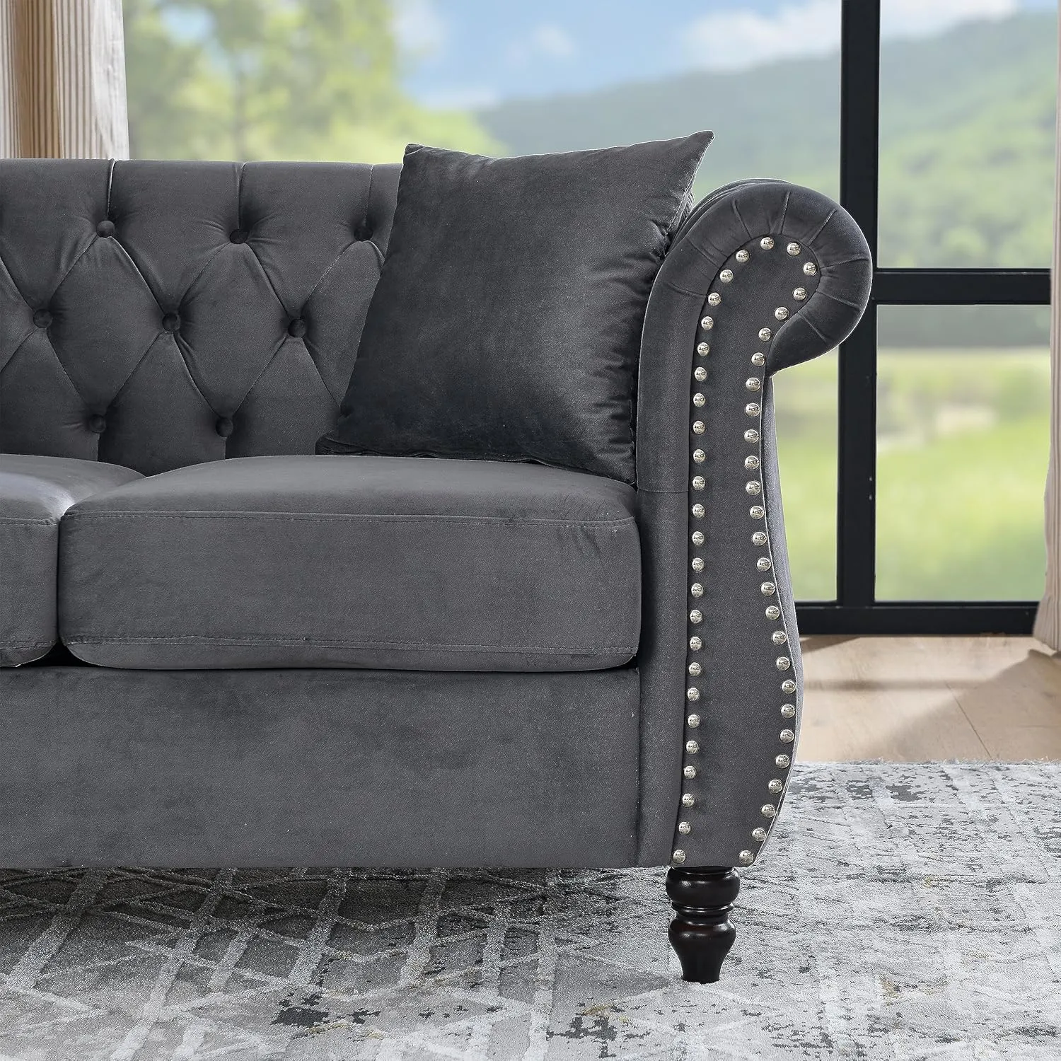 Bellemave 2 Piece Chesterfield Sofa Set for 6, 3 Seater   3 Seater Sofa Set, Velvet Upholstered Tufted Couch Set, 80" Couch and Couch Set with Nailhead & Rolled Arms & Pillows for Living Room (Grey)