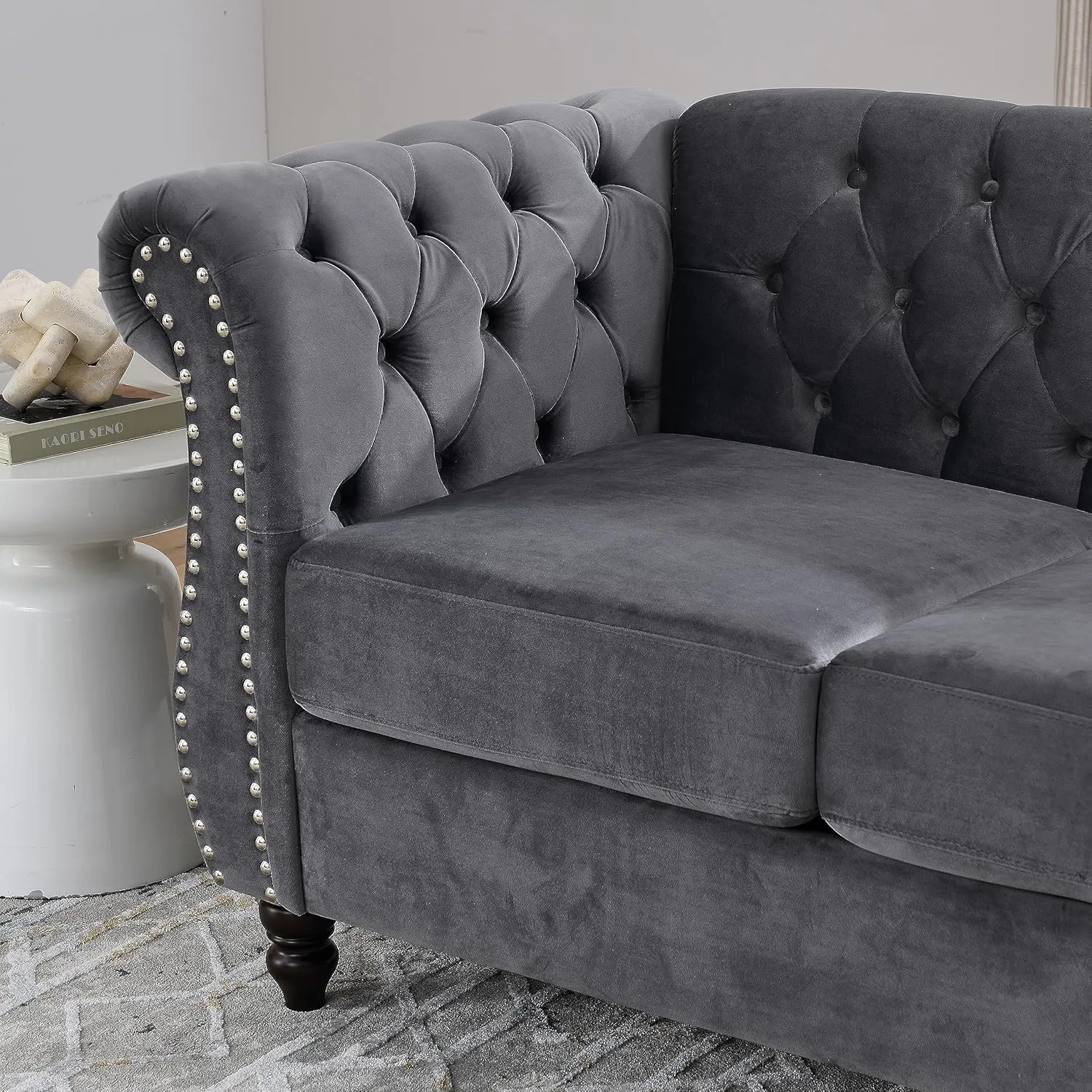 Bellemave 2 Piece Chesterfield Sofa Set for 6, 3 Seater   3 Seater Sofa Set, Velvet Upholstered Tufted Couch Set, 80" Couch and Couch Set with Nailhead & Rolled Arms & Pillows for Living Room (Grey)