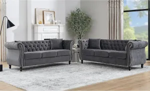 Bellemave 2 Piece Chesterfield Sofa Set for 6, 3 Seater   3 Seater Sofa Set, Velvet Upholstered Tufted Couch Set, 80" Couch and Couch Set with Nailhead & Rolled Arms & Pillows for Living Room (Grey)