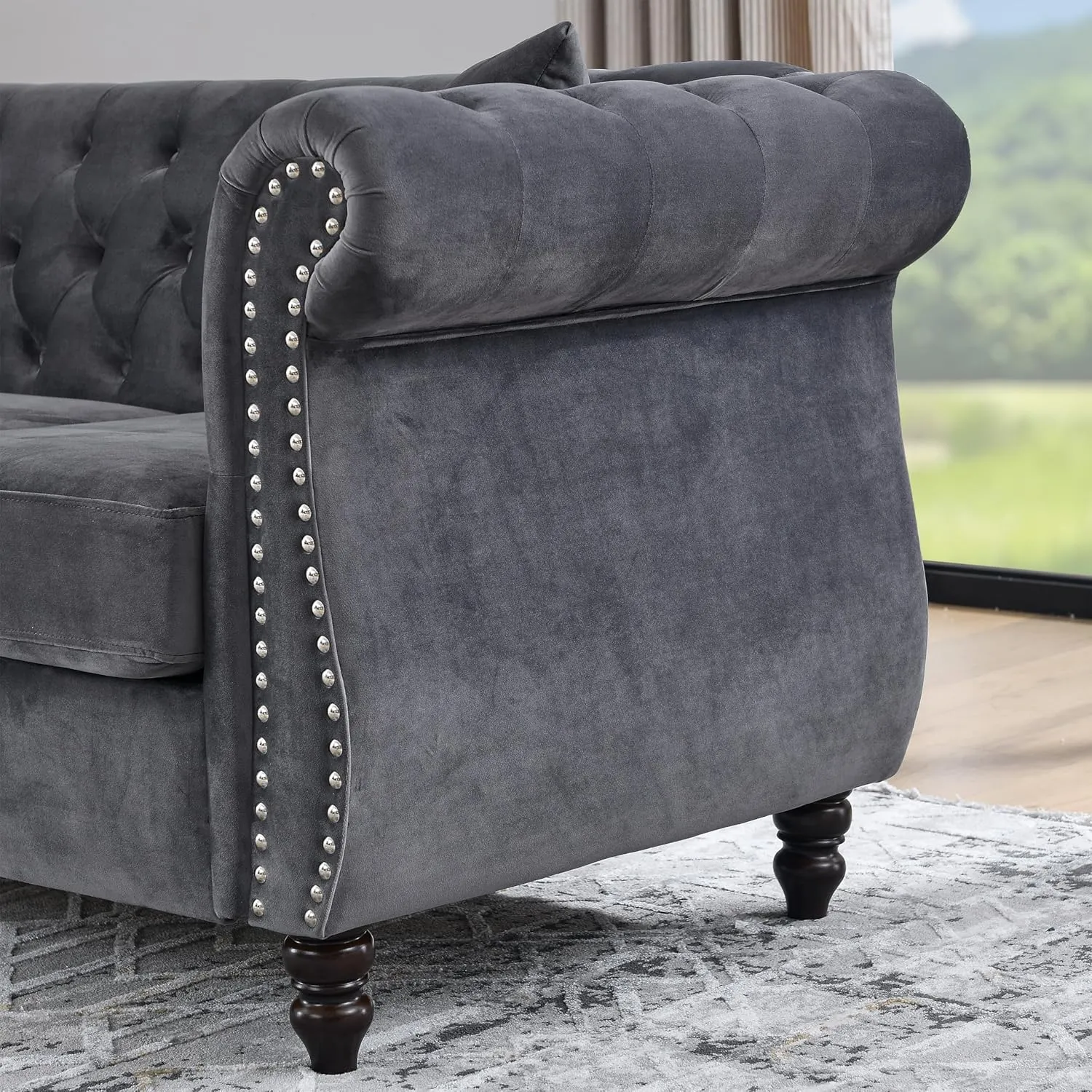 Bellemave 2 Piece Chesterfield Sofa Set for 6, 3 Seater   3 Seater Sofa Set, Velvet Upholstered Tufted Couch Set, 80" Couch and Couch Set with Nailhead & Rolled Arms & Pillows for Living Room (Grey)