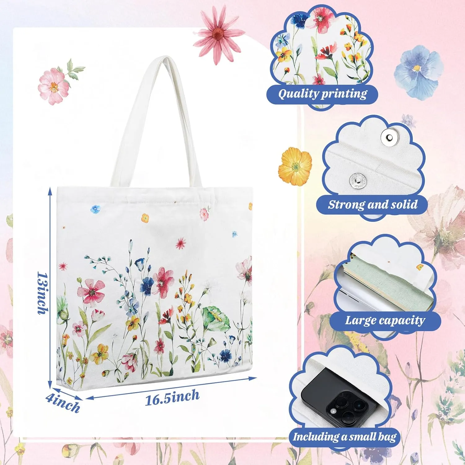 Bencailor 2 Pcs Floral Canvas Tote Bags Spring Aesthetic Wildflower Herbs Reusable Grocery Bags for Women Mother's Day Gifts (Fresh)