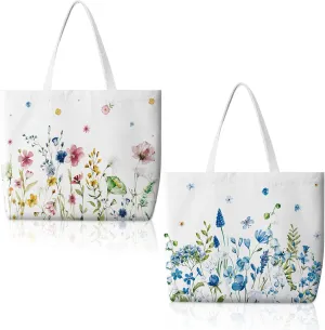 Bencailor 2 Pcs Floral Canvas Tote Bags Spring Aesthetic Wildflower Herbs Reusable Grocery Bags for Women Mother's Day Gifts (Fresh)