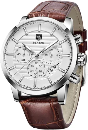 BENYAR Quartz Chronograph Waterproof Watches Business and Sport Design Leather Band Strap Wrist Watch for Men
