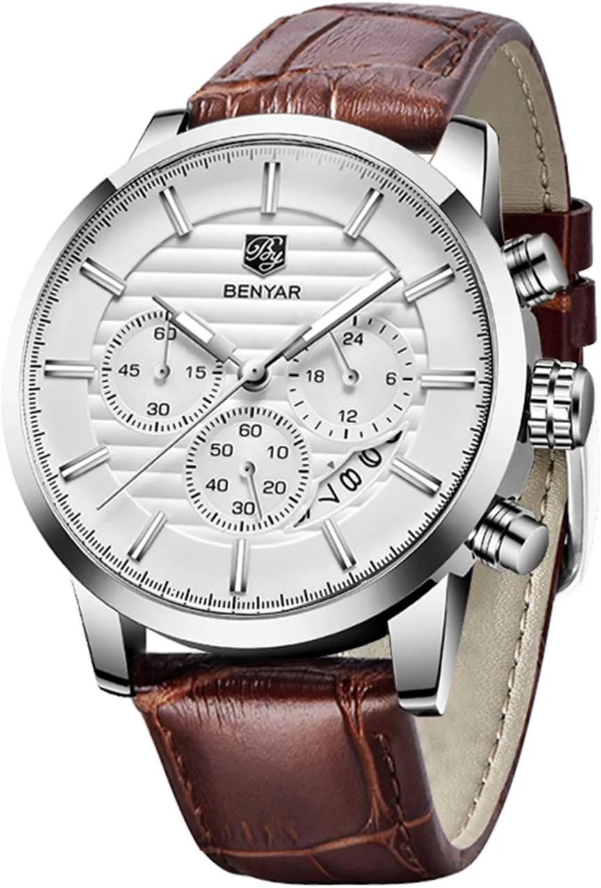 BENYAR Quartz Chronograph Waterproof Watches Business and Sport Design Leather Band Strap Wrist Watch for Men