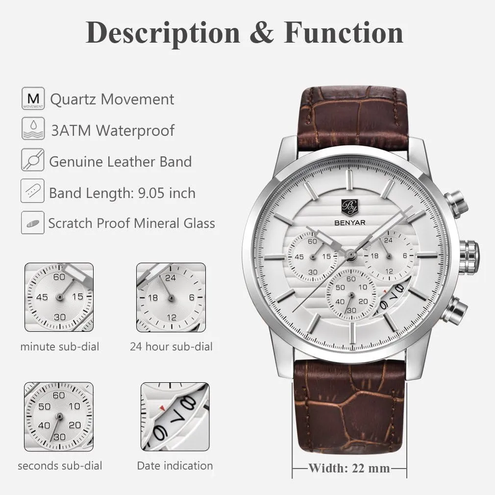 BENYAR Quartz Chronograph Waterproof Watches Business and Sport Design Leather Band Strap Wrist Watch for Men