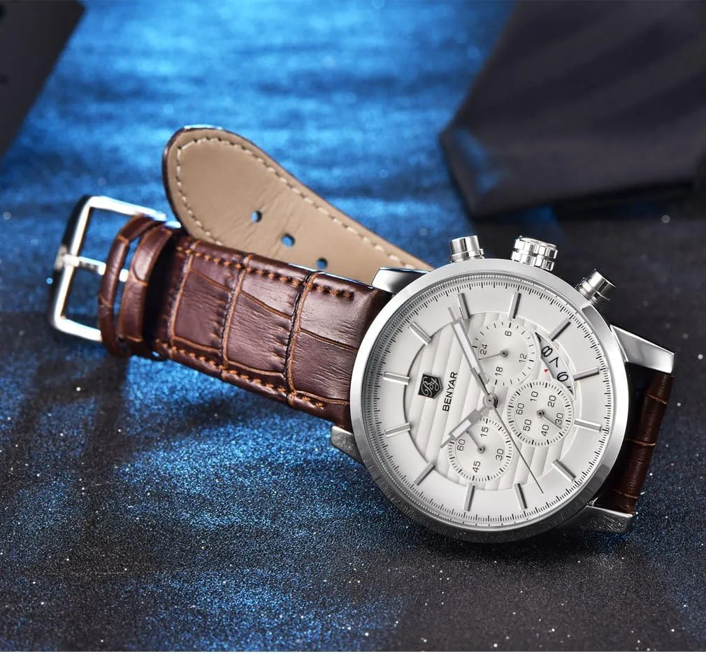 BENYAR Quartz Chronograph Waterproof Watches Business and Sport Design Leather Band Strap Wrist Watch for Men