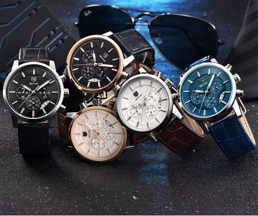 BENYAR Quartz Chronograph Waterproof Watches Business and Sport Design Leather Band Strap Wrist Watch for Men
