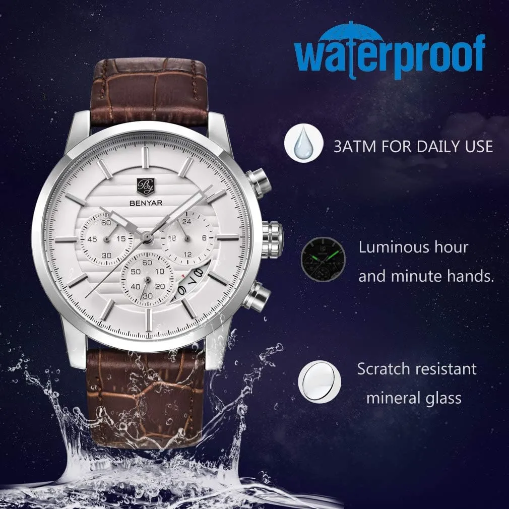 BENYAR Quartz Chronograph Waterproof Watches Business and Sport Design Leather Band Strap Wrist Watch for Men