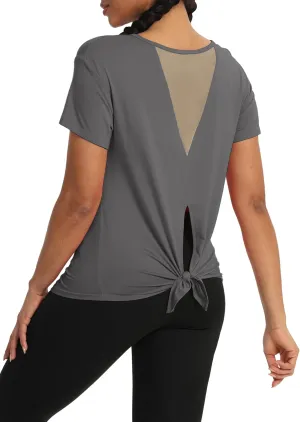 Bestisun Women Short Sleeve Workout Athletic Shirts Tie Back Sports Gym Tops Mesh Yoga Clothes