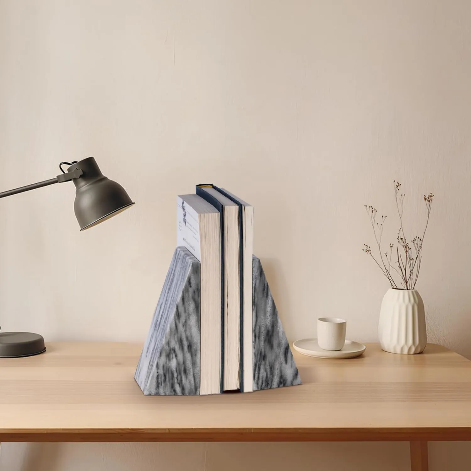 Bey-Berk Gray Triangular Marble Bookends – Heavy-Duty Wedge Design, Modern Office and Bookshelf Organizer