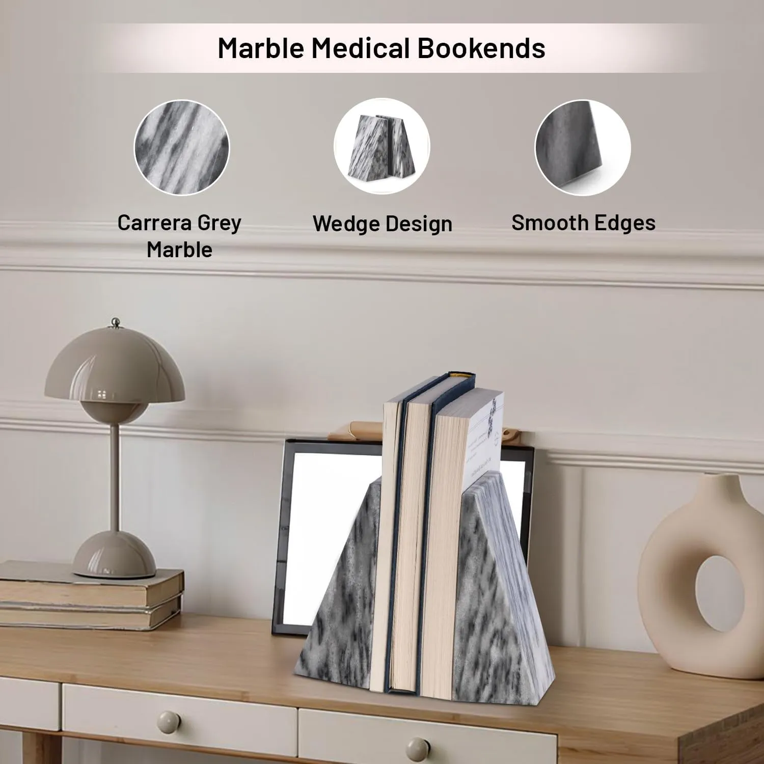 Bey-Berk Gray Triangular Marble Bookends – Heavy-Duty Wedge Design, Modern Office and Bookshelf Organizer
