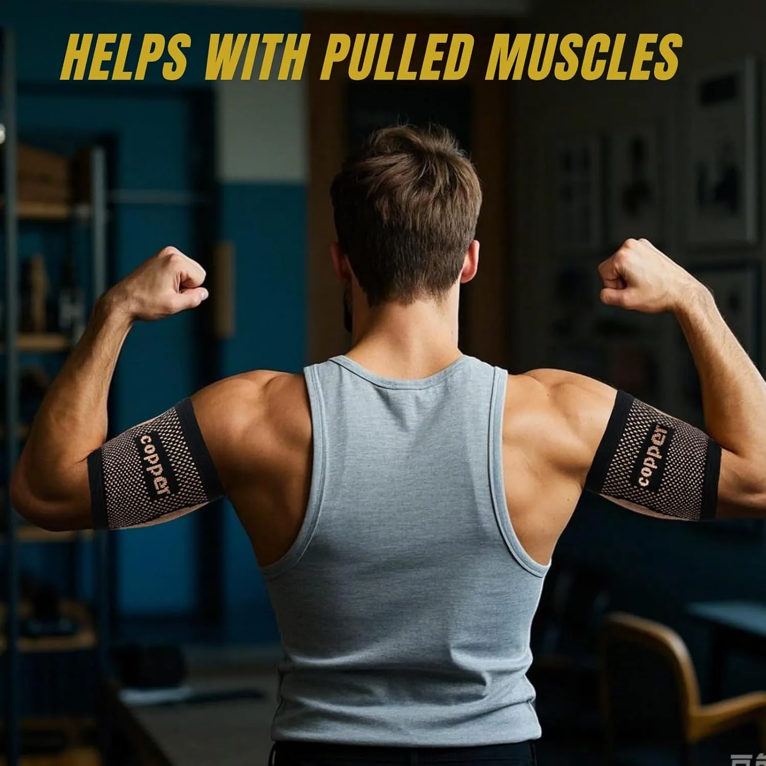 Bicep Compression Sleeve,Bicep Brace 1 Pair,Copper Infused Arm Support for Weightlifting,Muscle Recovery, Pain Relief,Upper Arm Brace for Men and Women (Gold-Black, Large)