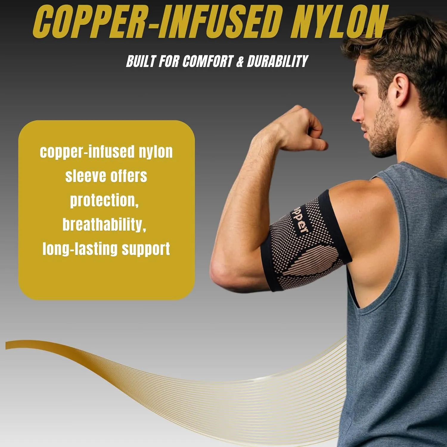 Bicep Compression Sleeve,Bicep Brace 1 Pair,Copper Infused Arm Support for Weightlifting,Muscle Recovery, Pain Relief,Upper Arm Brace for Men and Women (Gold-Black, Large)