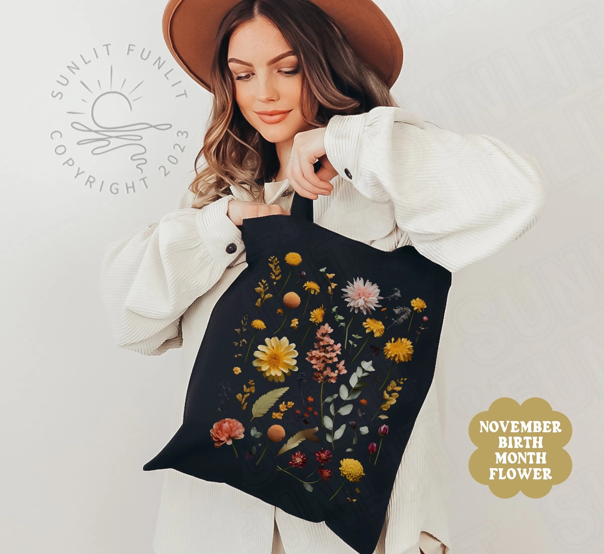 Birth Flower Gift Canvas Tote Bag, November Birth Month Flower Bundle