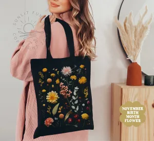 Birth Flower Gift Canvas Tote Bag, November Birth Month Flower Bundle