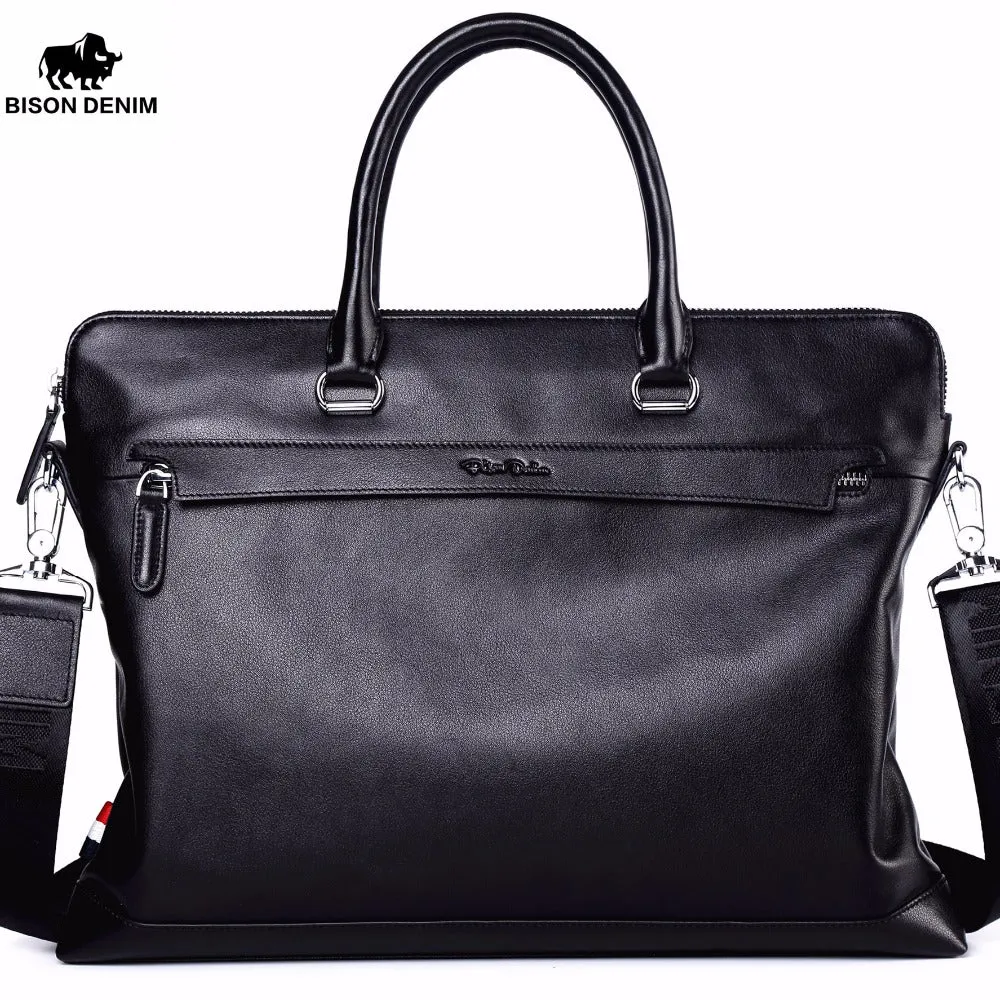 BISON DENIM Genuine Leather Men Laptop Briefcase