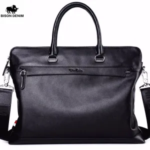 BISON DENIM Genuine Leather Men Laptop Briefcase