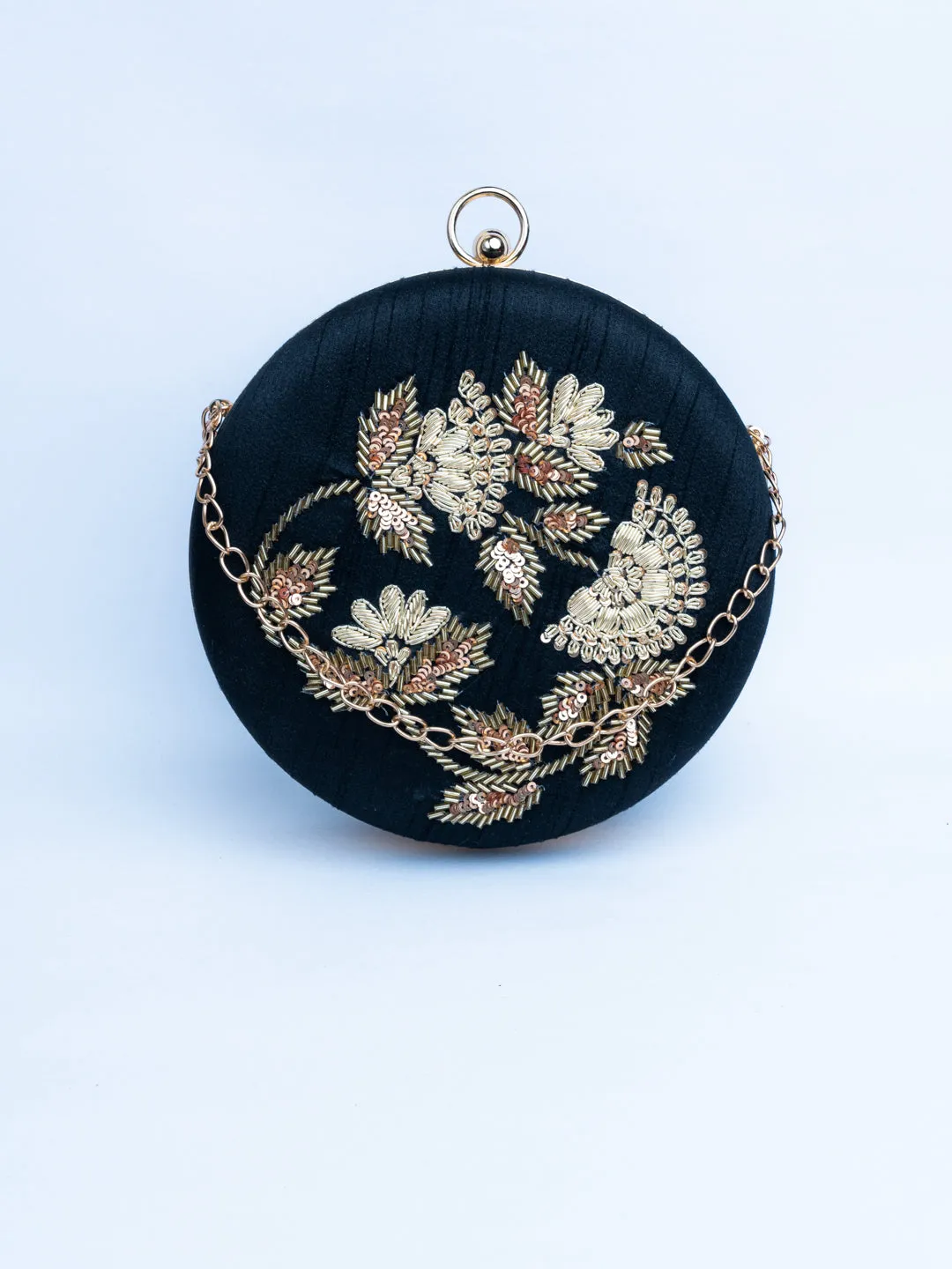 Black & Gold-Toned Embroidered Embellished Box Clutch