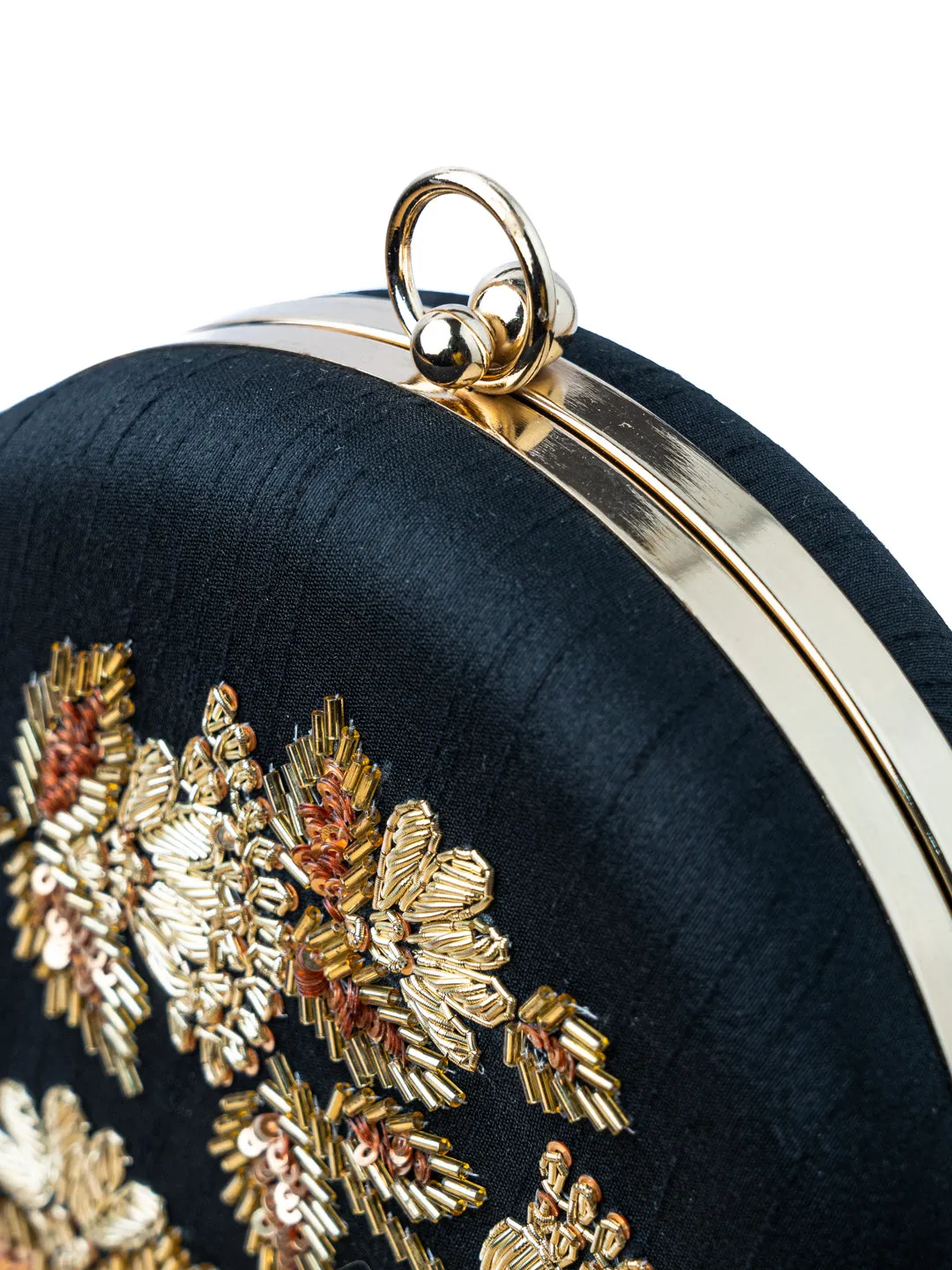 Black & Gold-Toned Embroidered Embellished Box Clutch