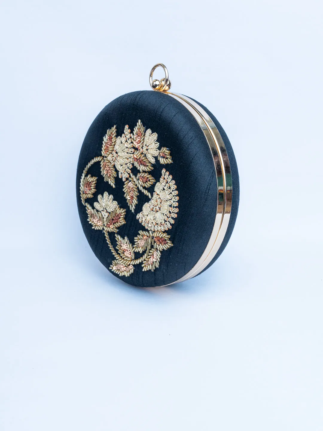 Black & Gold-Toned Embroidered Embellished Box Clutch