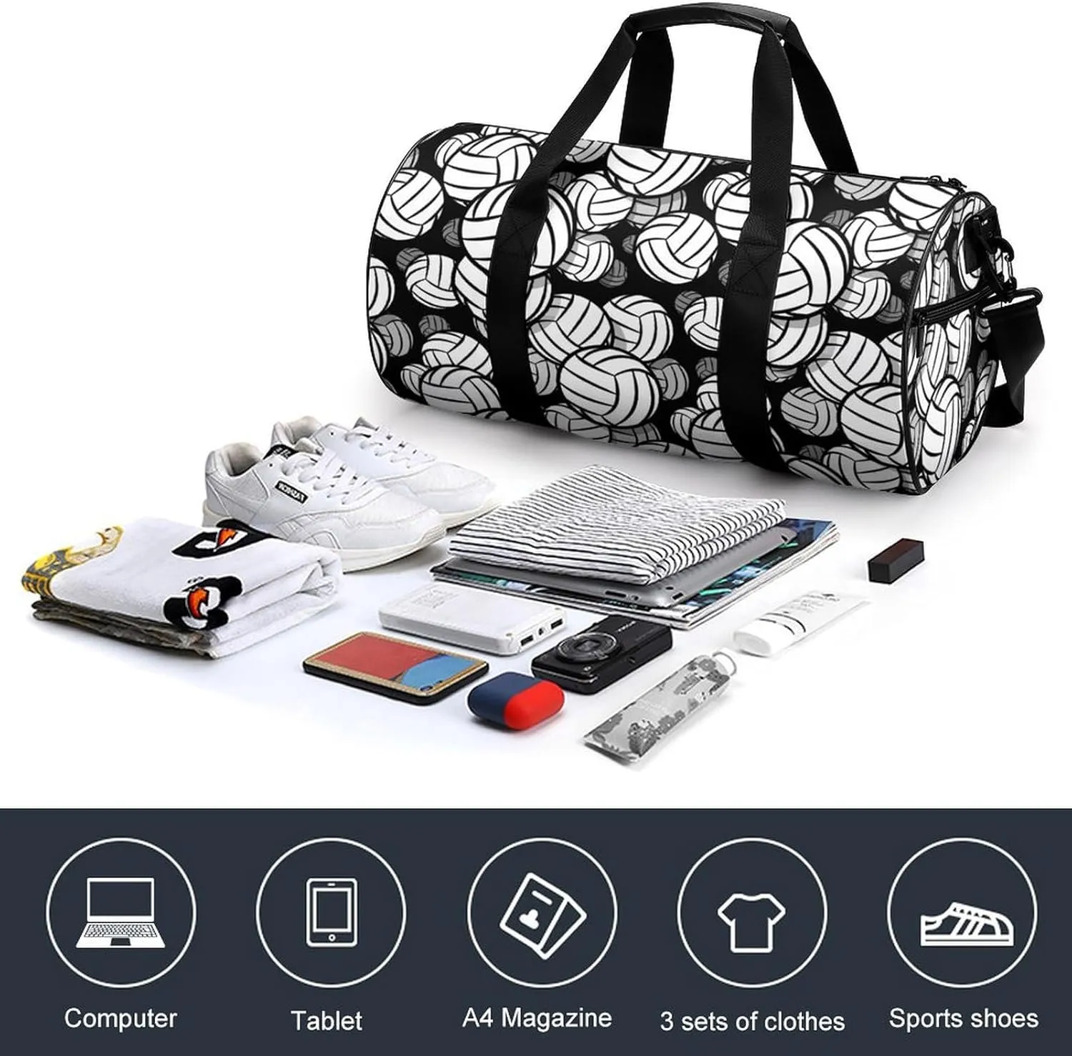 Black And White Volleyball Ball Large Capacity Cylindrical Fitness Bag, Hand-held Fitness Bag