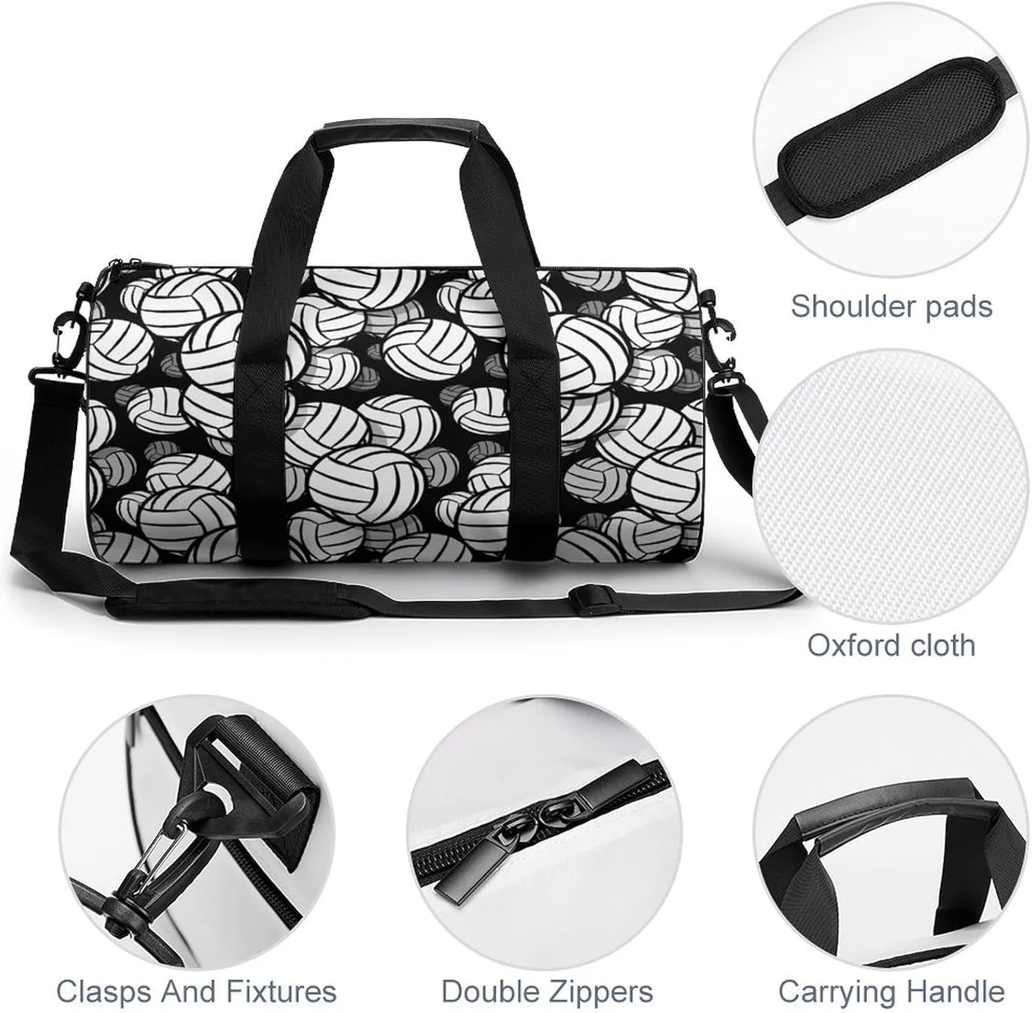 Black And White Volleyball Ball Large Capacity Cylindrical Fitness Bag, Hand-held Fitness Bag