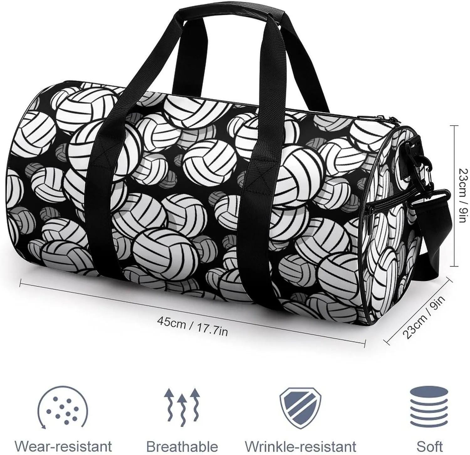 Black And White Volleyball Ball Large Capacity Cylindrical Fitness Bag, Hand-held Fitness Bag
