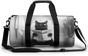 Black Cat Reading Newspaper on Toilet Seat Travel Gym Bag for Women Men Cylindrical Duffle Bag Sport Workout Bag with Shoulder Strap