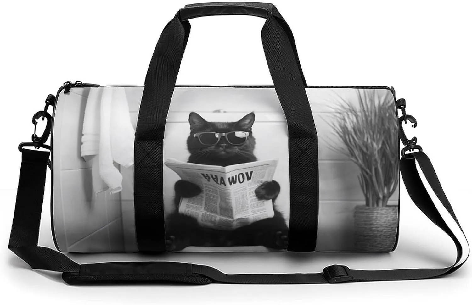 Black Cat Reading Newspaper on Toilet Seat Travel Gym Bag for Women Men Cylindrical Duffle Bag Sport Workout Bag with Shoulder Strap