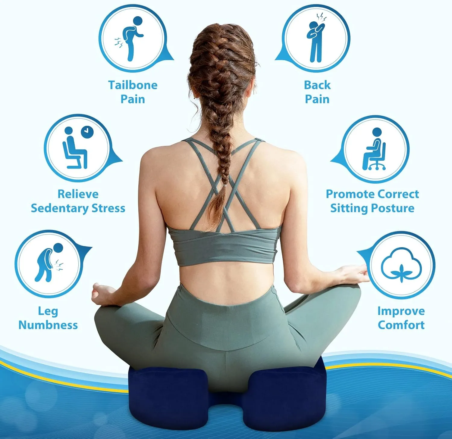 BlissTrends Seat Cushion,Thick Memory Foam Cushions for Office Chair, Car Seat, Airplane, Relieving Pressure Tailbone Sciatica Back Pain for Long Sitting Office Workers, Car Drivers 4.7in Thick Blue