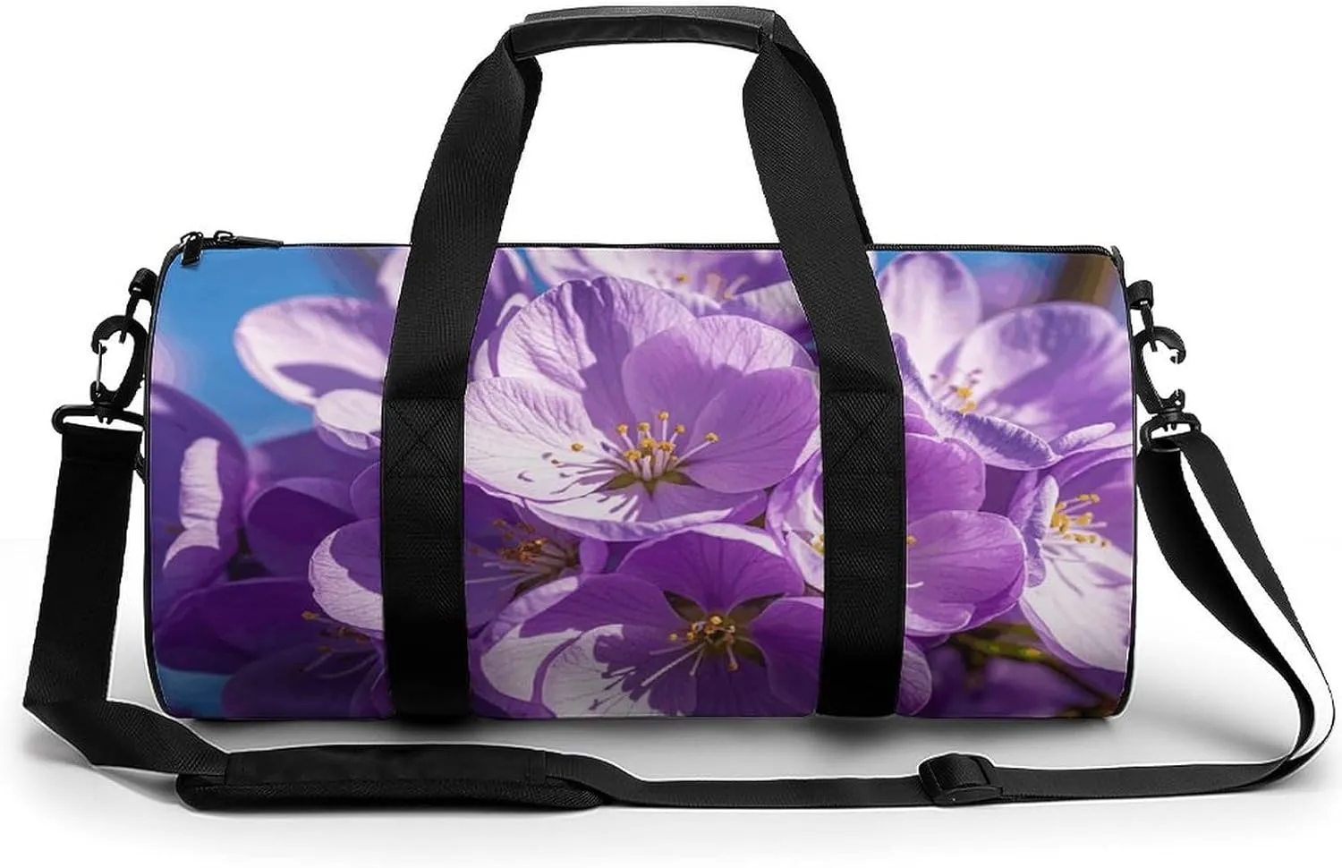 Blooming Purple Blossoms Cylindrical Gym Bag Travel Duffel Bag with Dry Wet Separated Pocket for Men And Women Overnight Bag Weekender Bag Training Handbag Yoga Bag