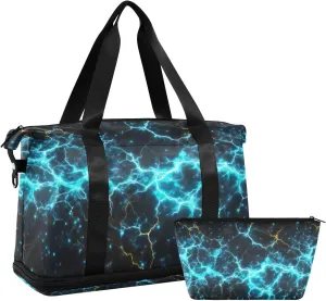Blue Electric Sparks Gym Bag - Weekender Overnight Bags for Women Men, Sport Travel Duffel Bag with Wet Pocket & Shoe Compartment