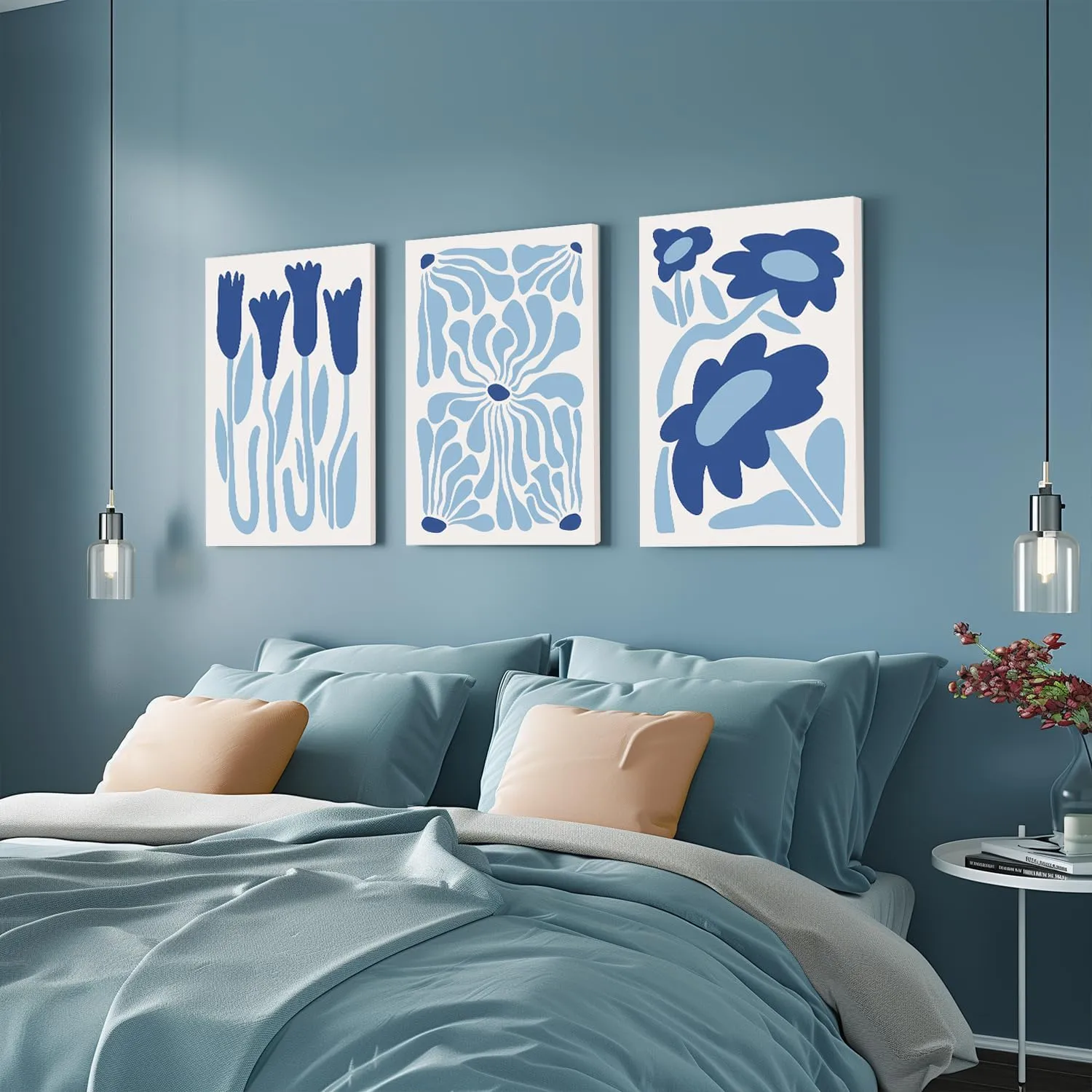 Blue Flower Wall Art Set of 3, Henri Matisse Light Blue Aesthetic Wall Decor, Abstract Gallery Posters Canvas Painting Pictures Prints for Bedroom Living Room Bathroom Framed 12x16 inch