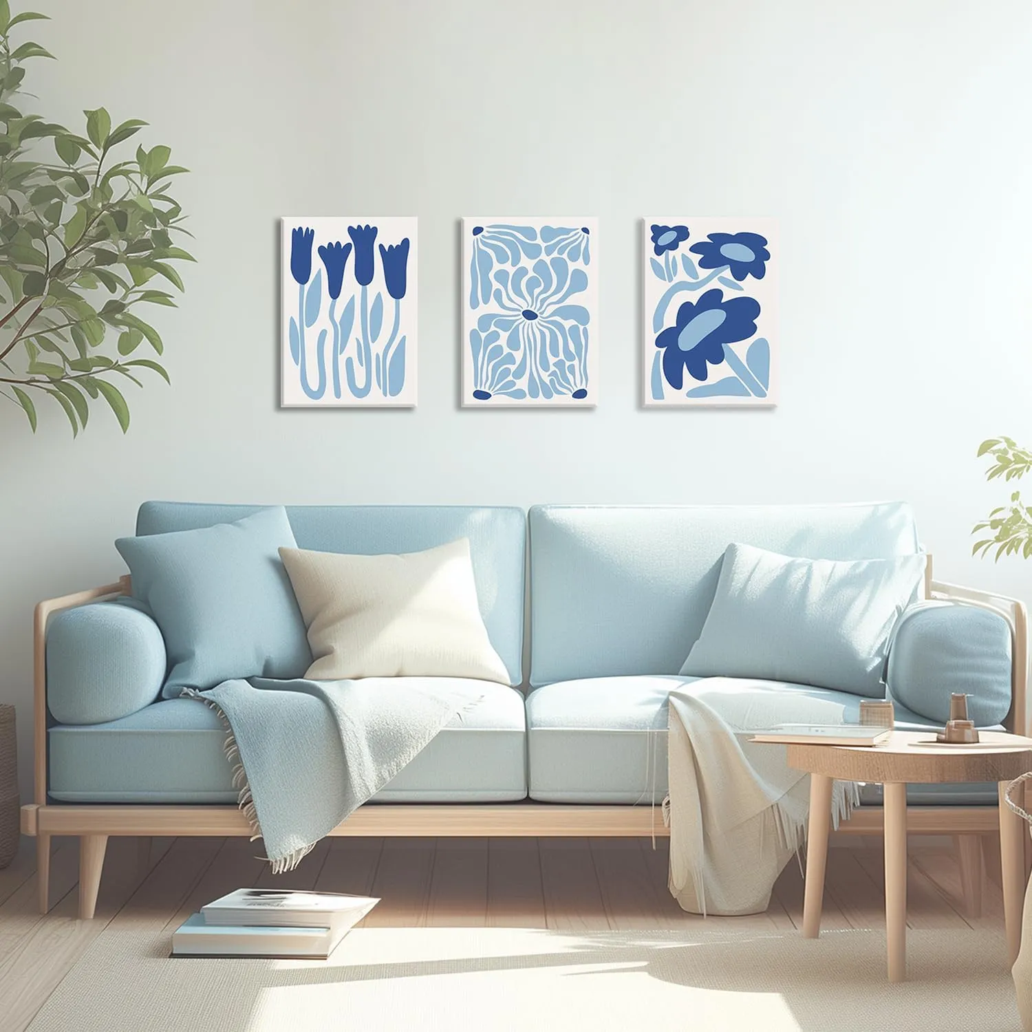 Blue Flower Wall Art Set of 3, Henri Matisse Light Blue Aesthetic Wall Decor, Abstract Gallery Posters Canvas Painting Pictures Prints for Bedroom Living Room Bathroom Framed 12x16 inch